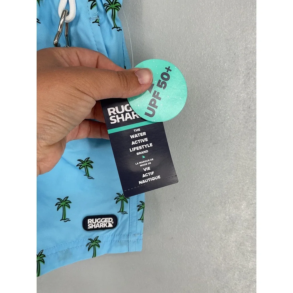 Rugged Shark Boys Swim Shorts Blue Palm Tree UPF 50+ Recycled S 6-7